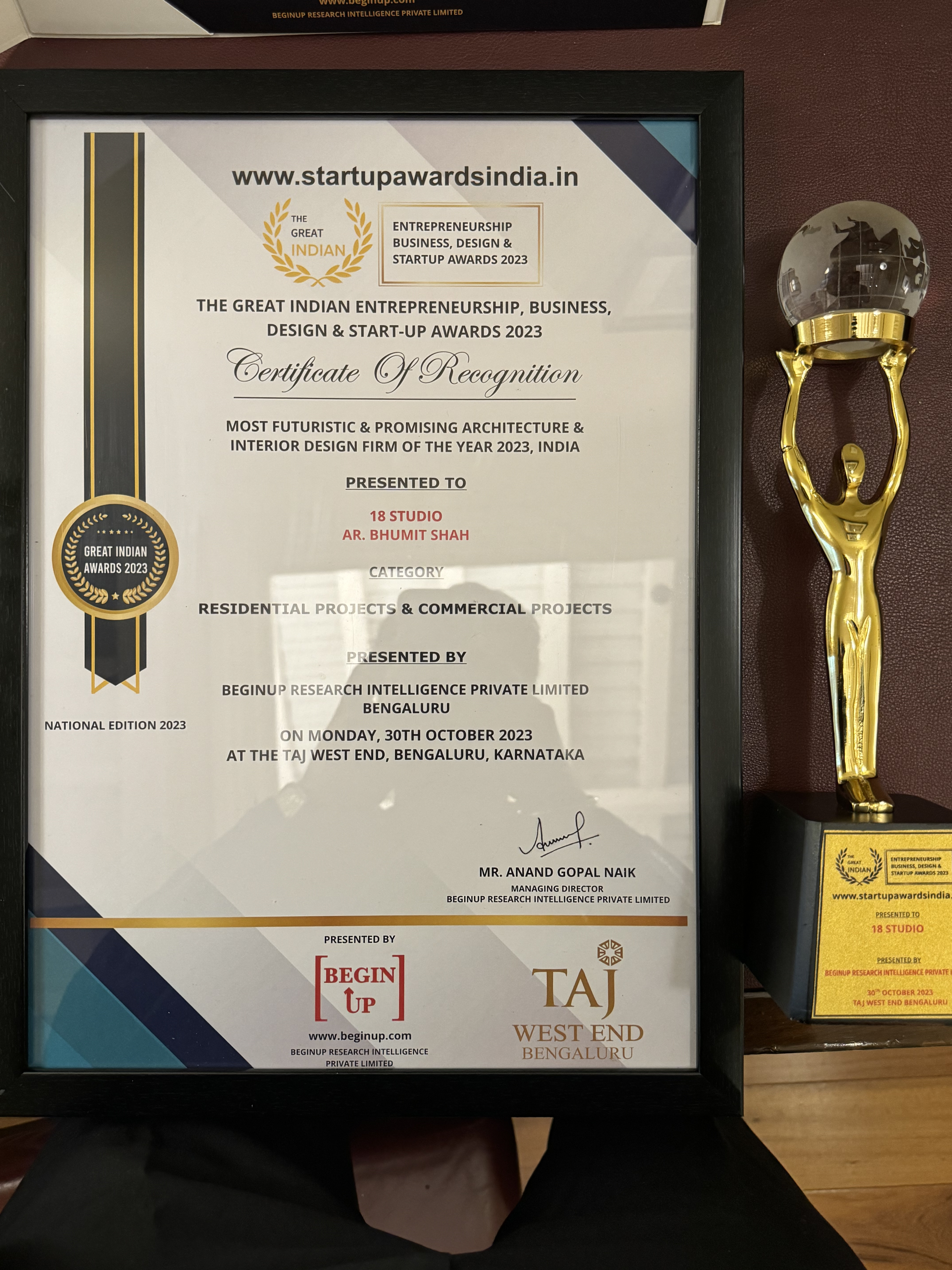 Great Indian Entrepreneurship Awards Certificate and Trophy
