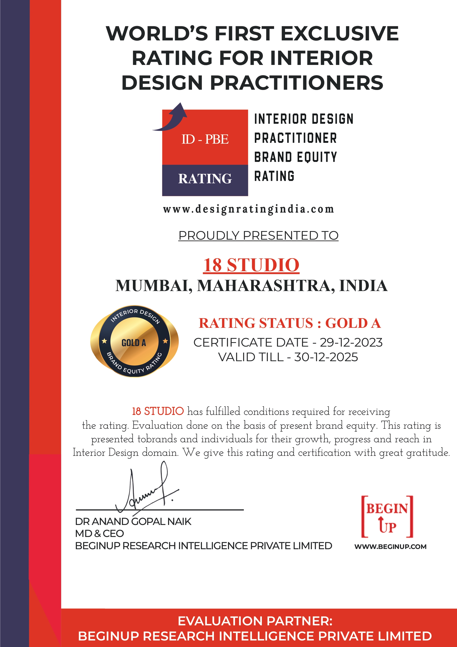 18 STUDIIOZ Gold A Rating Certificate